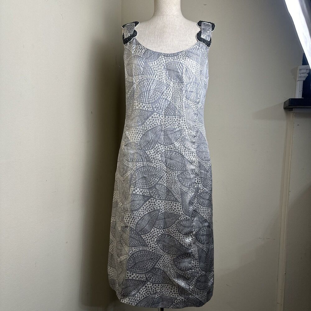 NWT Tory Burch Woman’s Bay Silk Blend Sheath Dress Gray Cream Metallic Gold $425
